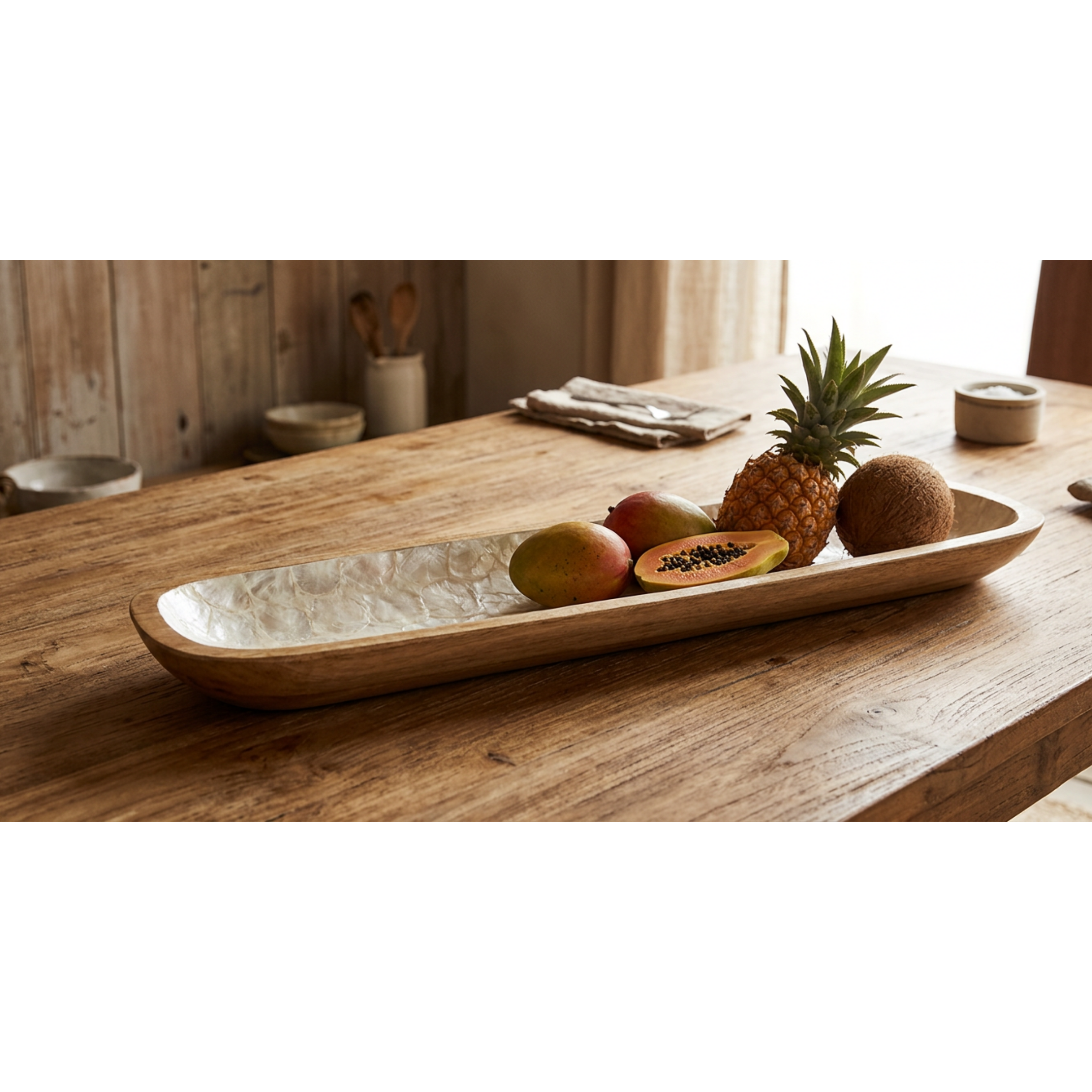 80cmkayıktabak Ahşap Dekoratif Sedefli Kayık Tabak 80 cm El yapımı Tik Ağacı Büyük Kase Bali Mutfak Dekorasyon 16 x 80 cm - Görsel 1