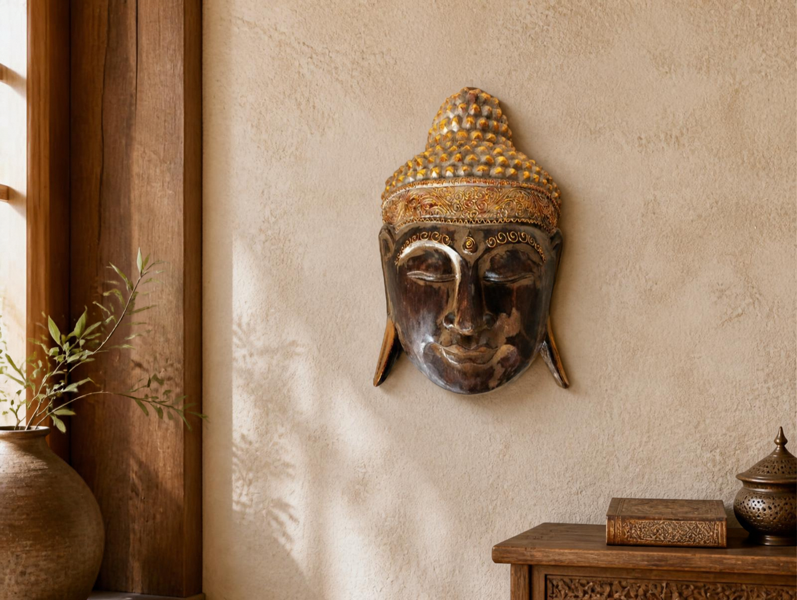 budha 40cm Ahşap Budha Mask Dekoratif 40 cm El Yapımı Buda Büst Bali Duvar Dekorasyon Otantik Biblo Obje 26 x 40 cm - Görsel 1